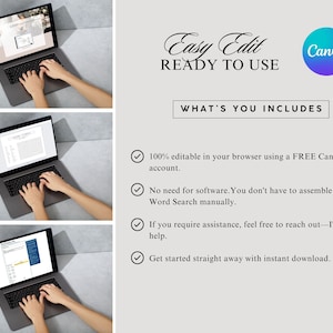 May include: A laptop computer screen displaying a Canva document with a checklist of features. The text on the screen reads "100% editable in your browser using a FREE Canva account. No need for software. You don't have to assemble your Word Search manually. If you require assistance, feel free to reach out - I'm here to help. Get started straight away with instant download."