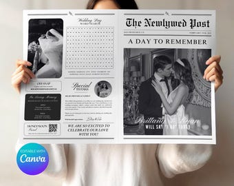 Wedding Newspaper program canva Template, Printable 4 page Wedding Invitation, Itinerary Newspaper club for print