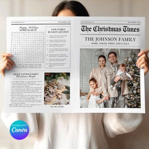 Weihnachtszeitung Canva-Vorlage, bearbeitbare Familienurlaub-Newsletter-Vorlage, druckbare Weihnachtsnewsletter-Vorlage, Jahresrückblick