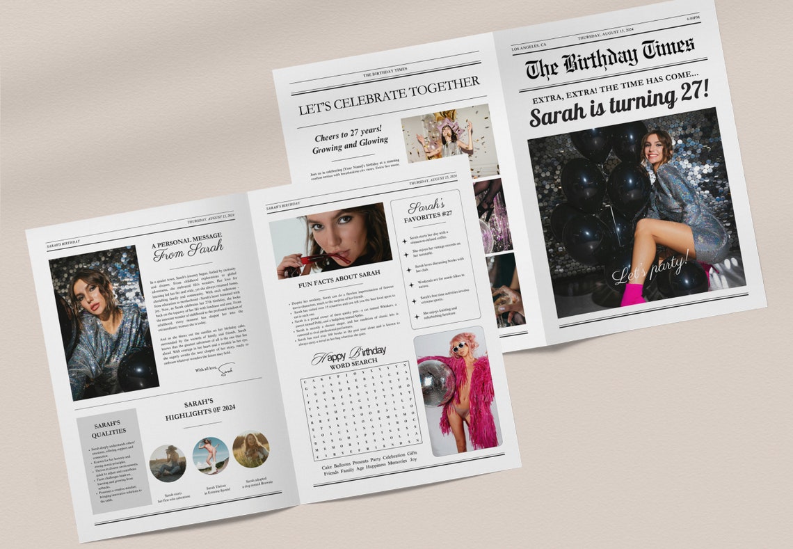 Editable Birthday Newspaper Template, Canva Customizable Photoshoot