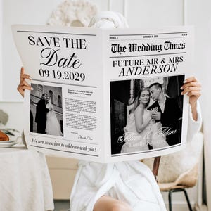 Peut inclure: Une annonce de mariage en forme de journal avec le titre "SAVE THE DATE" et la date du 09.19.2029. Le journal présente des photos du couple et le texte "FUTURE MR & MRS ANDERSON". L'annonce dit "We are so excited to celebrate with you!"