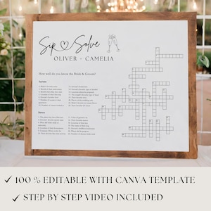 May include: A printable wedding crossword puzzle game with the title "Sip & Solve" and the names "Oliver & Camelia". The crossword puzzle is on a white background with a brown wooden frame. The game is designed to help guests get to know the bride and groom better.