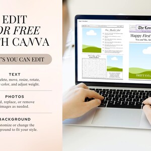 May include: A laptop computer displaying a digital design template for a wedding anniversary announcement. The design features a green and blue landscape with a white cloud and the text "The Love Gazette" and "Happy First Anniversary". The text "Brittany and Ryan" is also included in the design.