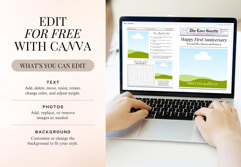 May include: A laptop computer displaying a digital design template for a wedding anniversary announcement. The design features a green and blue landscape with a white cloud and the text "The Love Gazette" and "Happy First Anniversary". The text "Brittany and Ryan" is also included in the design.