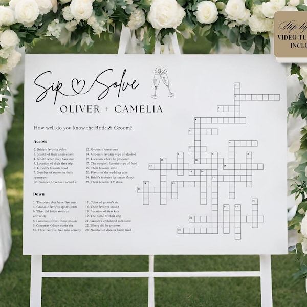 Custom Crossword Puzzle Wedding Template,Personalized Puzzle,Sip and Solve wedding game Crossword Bridal shower Giant crossword welcome sign