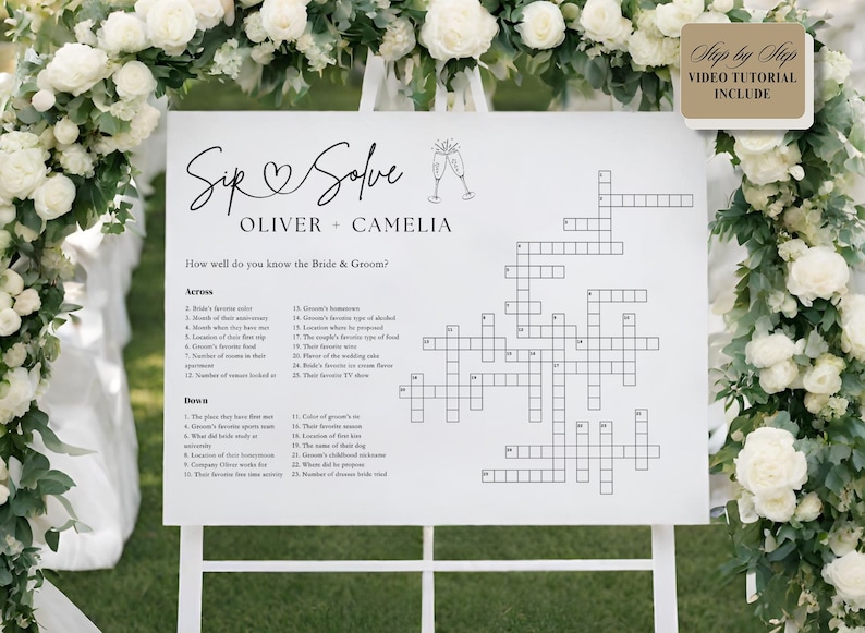 Custom Crossword Puzzle Wedding Template,Personalized Puzzle,Sip and Solve wedding game Crossword Bridal shower Giant crossword welcome sign