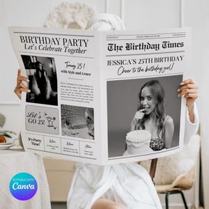 Sjabloon verjaardagskrant Canva, bewerkbare krant verjaardag fotoshoot rekwisieten, grote krantenprint, aankondiging verjaardagsuitnodiging