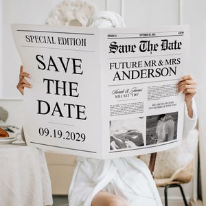 Modello di giornale modificabile Save the Date, annuncio di matrimonio, giornale di fidanzamento, futuro signor e signora, modello Canva