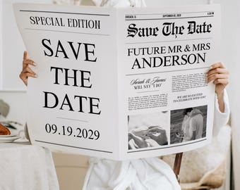 Save the Date Template Newspaper, Engagement announcement printable, Future mr and mrs, Editable Canva Wedding Template.