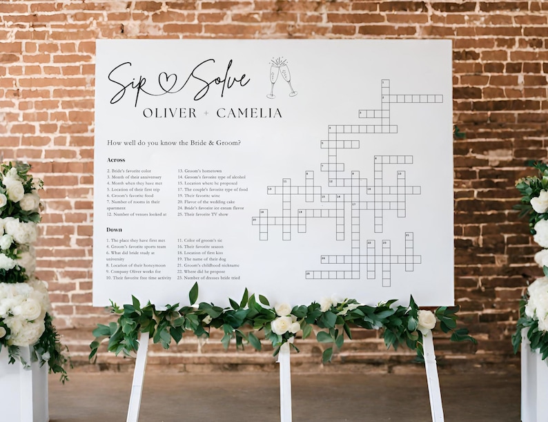 Custom Crossword Puzzle Wedding Template,Personalized Puzzle,Sip and Solve wedding game Crossword Bridal shower Giant crossword welcome sign