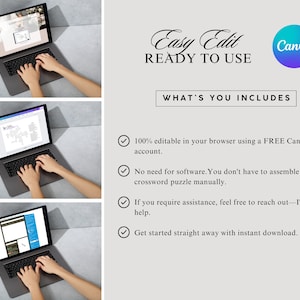 May include: A laptop computer displaying a Canva design template on the screen. The text on the screen reads "Easy Edit READY TO USE" and "WHAT'S YOU INCLUDES". The text below the heading includes a list of features: "100% editable in your browser using a FREE Canva account", "No need for software. You don't have to assemble your crossword puzzle manually", "If you require assistance, feel free to reach out - I'm here to help", and "Get started straight away with instant download."
