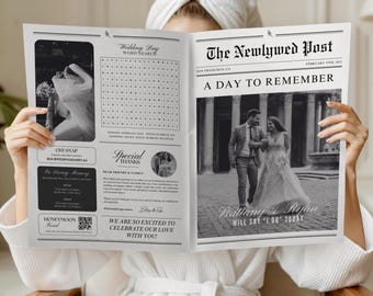 Wedding Newspaper program canva Template, Printable 4 page Wedding Invitation, Itinerary Newspaper club for print