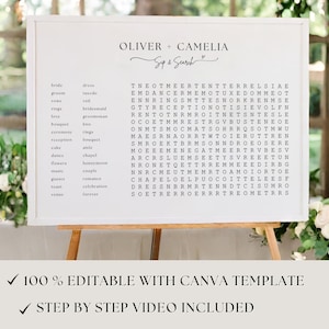 May include: A white printable sign with a black and white word search puzzle. The puzzle is titled "Oliver + Camelia" with the words "Sip & Search" underneath. The puzzle includes words related to a wedding, such as "bride", "groom", "rings", "ceremony", "reception", "dance", "cake", "music", "guests", "toast", "venue", "dress", "tuxedo", "veil", "bridesmaid", "groomsman", "bouquet", "kiss", "aisle", "chapel", "honeymoon", "couple", "romance", "celebration", "forever".
