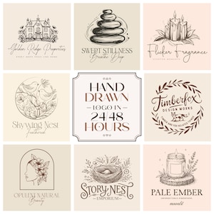 May include: A grid of nine square panels featuring hand-drawn logo designs. The central panel displays the text HAND DRAWN LOGO IN 24/48 HOURS. Surrounding panels include illustrations of a house, stacked stones, candles, birds, a fox, a face, a nest, and a jar.