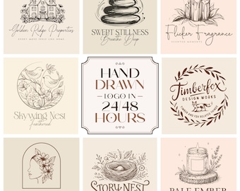 May include: A grid of nine square panels featuring hand-drawn logo designs. The central panel displays the text HAND DRAWN LOGO IN 24/48 HOURS. Surrounding panels include illustrations of a house, stacked stones, candles, birds, a fox, a face, a nest, and a jar.