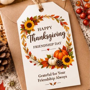 Puede incluir: Una etiqueta de regalo rectangular blanca con un cordel de yute que presenta una corona de hojas de otoño, girasoles, una calabaza y una piña. El texto dice: HAPPY Thanksgiving FRIENDSHIP DAY y Grateful for Your Friendship Always con un pequeño corazón rojo.
