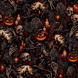 May include: A dark fabric pattern featuring glowing orange jack-o'-lanterns, human skulls, and skeletal hands. The design includes black witch hats, spider webs, red roses, lit candles, gravestones marked with RIP, and silhouettes of gothic castles.