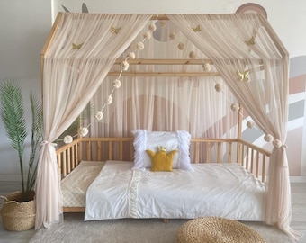 House bed canopy with pompon garland beige Montessori bed canopy bed canopy canopy tent canopy bed children's bed bed curtains tulle mosquito net