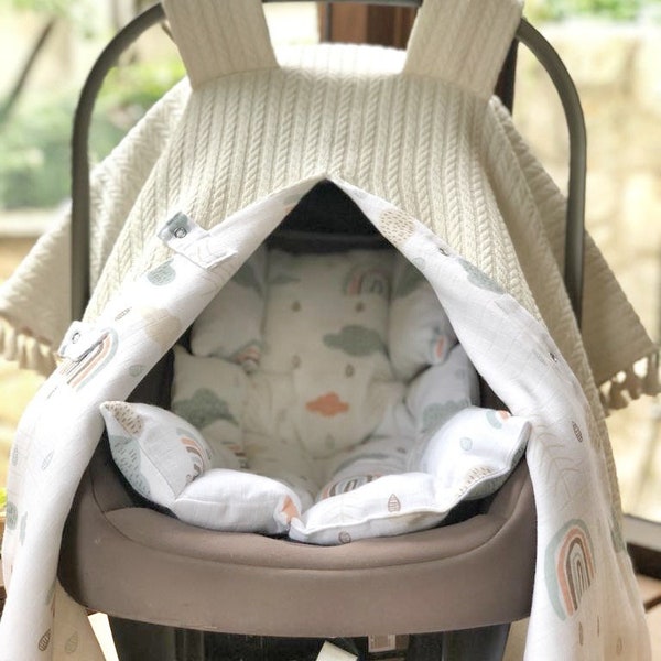 Ensemble de sièges bébé 2 couches, arc-en-ciel crème avec franges, couverture d'emmaillotage, housse de siège bébé, tissu de protection, couverture bébé