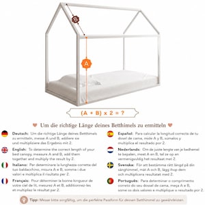 Puede incluir: Estructura de cama blanca en forma de casa con colch&oacute;n y almohada. La imagen incluye texto en varios idiomas que explica c&oacute;mo medir para un dosel de cama. El marco es de metal blanco.