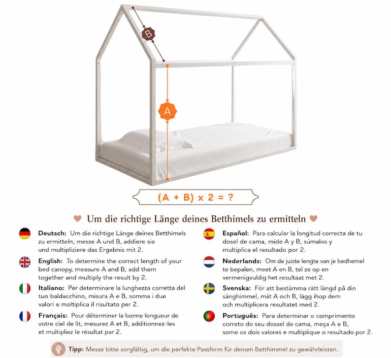 Puede incluir: Estructura de cama blanca en forma de casa con colch&oacute;n y almohada. La imagen incluye texto en varios idiomas que explica c&oacute;mo medir para un dosel de cama. El marco es de metal blanco.