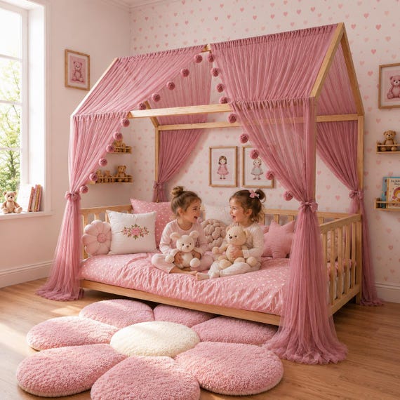 House Bed Canopy | Hausbett Himmel Mädchen | Luxury Tulle Bed Canopy | Boho Kids Room Decor | Montessori Baldachin Kinder Betthimmel altrosa