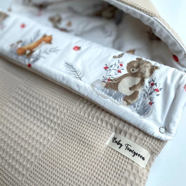 2in1 Einschlagdecke für Babyschale / Baby Schlafsack beige Waldtiere