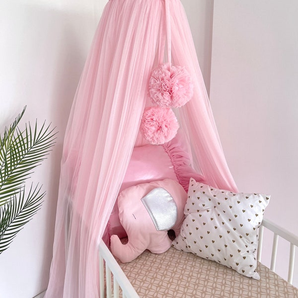 Betthimmel rosa mit Bommeln für Babybett Gitterbett Bed Canopy