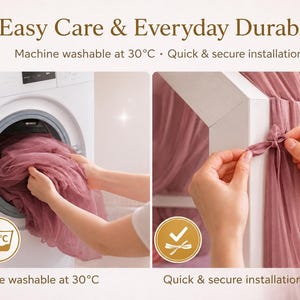 Puede incluir: La imagen muestra una tela rosa que se lava en una lavadora y se ata a un marco. El texto dice "Easy Care & Everyday Durable", "Lavable a m&aacute;quina a 30&deg;C" y "Instalaci&oacute;n r&aacute;pida y segura".