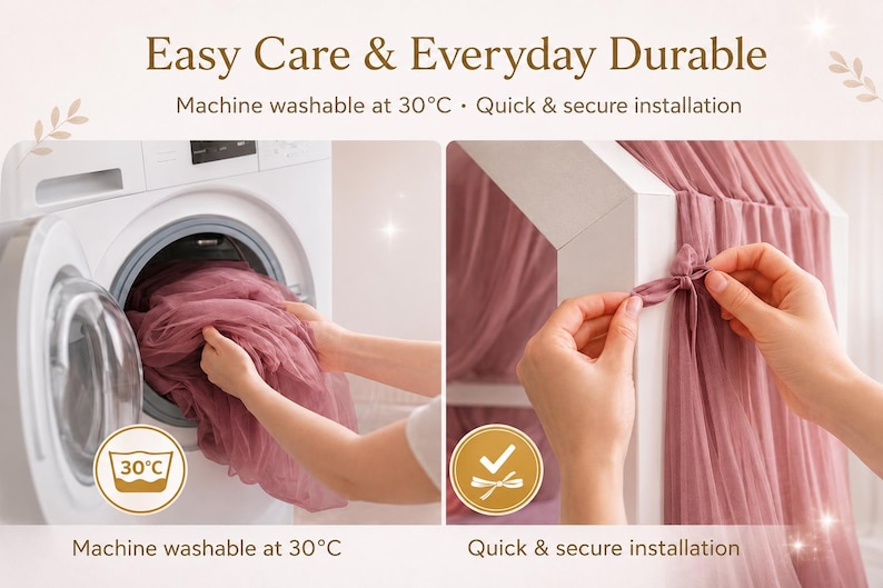 Puede incluir: La imagen muestra una tela rosa que se lava en una lavadora y se ata a un marco. El texto dice "Easy Care & Everyday Durable", "Lavable a m&aacute;quina a 30&deg;C" y "Instalaci&oacute;n r&aacute;pida y segura".
