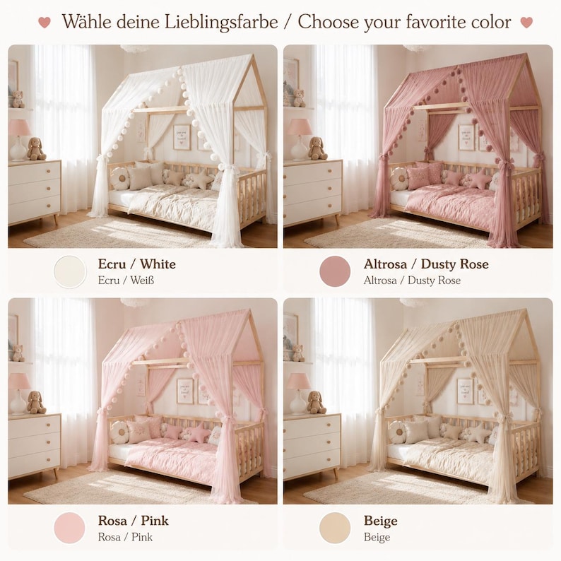 Puede incluir: Cuatro im&aacute;genes de camas infantiles con dosel en colores Ecru/Blanco, Altrosa/Rosa Polvo, Rosa/Rosa y Beige. Cada cama tiene un marco de madera, tela drapeada y almohadas decorativas. El texto "Choose your favorite color" est&aacute; en la parte superior.