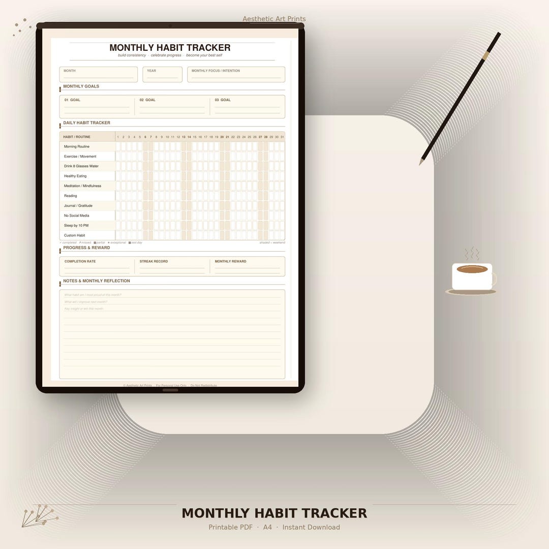 Monthly Habit Tracker Printable – Minimalist A4 Planner (digital ...