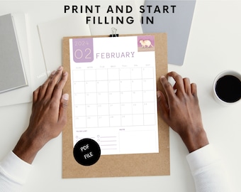 February 2024 calendar printable | fillable calendar | 2024 cute planner | February 2024 download | vertical calendar | monthly planner 2024