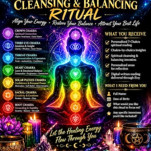 May include: A digital graphic titled 7 CHAKRA CLEANSING & BALANCING RITUAL featuring a central silhouette of a person in a lotus position with seven glowing colored chakra symbols. The image includes text lists detailing what is received and required.