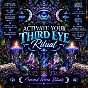 May include: A ritual set featuring two dark blue candles with moon and eye motifs, surrounded by crystals and lavender. The text reads: ACTIVATE YOUR THIRD EYE RITUAL, Crowned Moon Rituals, and lists spiritual benefits like Strengthen Your Intuition.