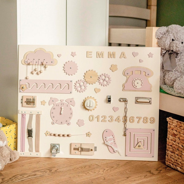 Grand tableau occupé personnalisé Montessori pour tout-petits ivoire et rose, cadeau pour 1 ou 2 3 ans, tableau d'activités, cadeau de Noël pour enfant