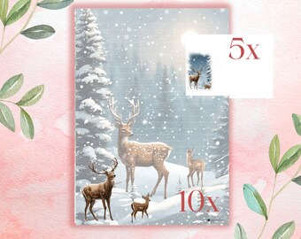 Briefpapier "Rehe im Schnee" A4 10x Briefpapier+ 5xBriefumschlag, Briefpapierset 15teilig, liniert, 90g/m2 Papier, für Brieffreundschaft