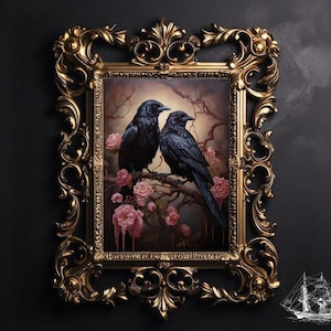 May include: A framed painting depicting two black crows perched on a branch with pink flowers. The crows are facing each other and the flowers are dripping with a red liquid.