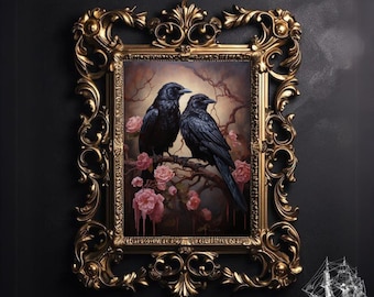 May include: A framed painting of two black crows perched on a branch with pink flowers. The crows are facing each other and the flowers are dripping with a red liquid.