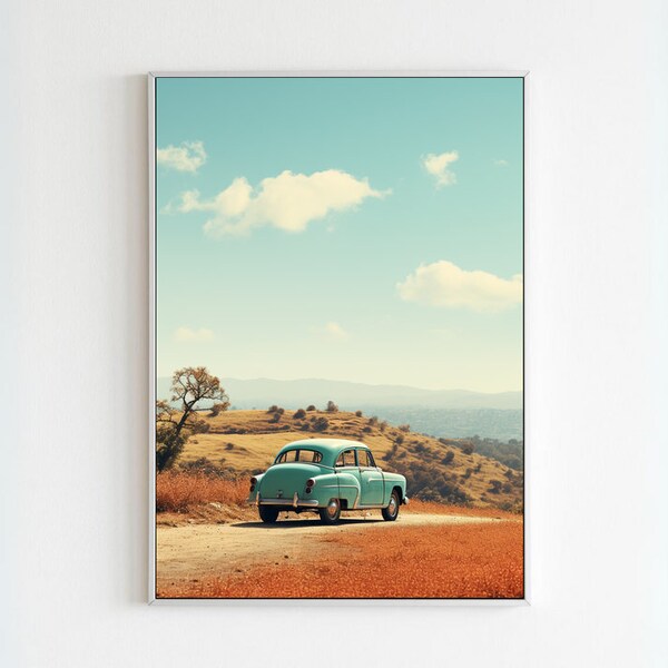 A Light Blue Vintage Car Parked On A Hillside