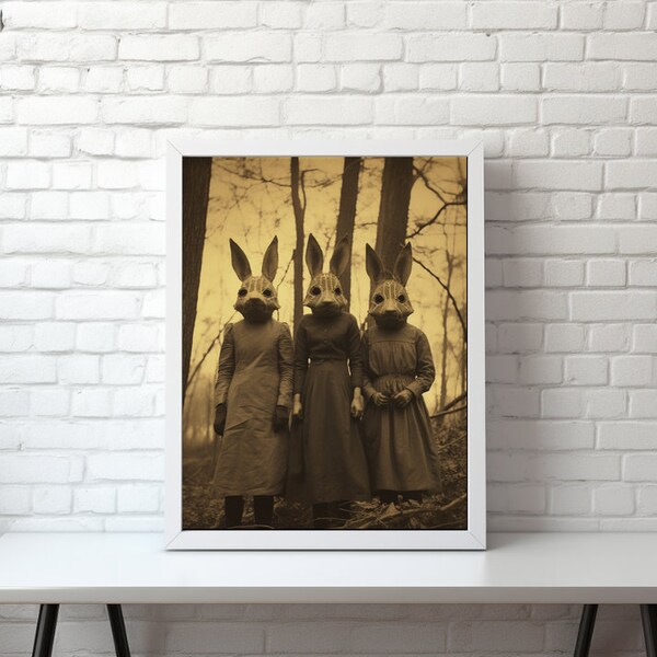 Vintage Print of Three Mysterious Rabbit People in the Woods