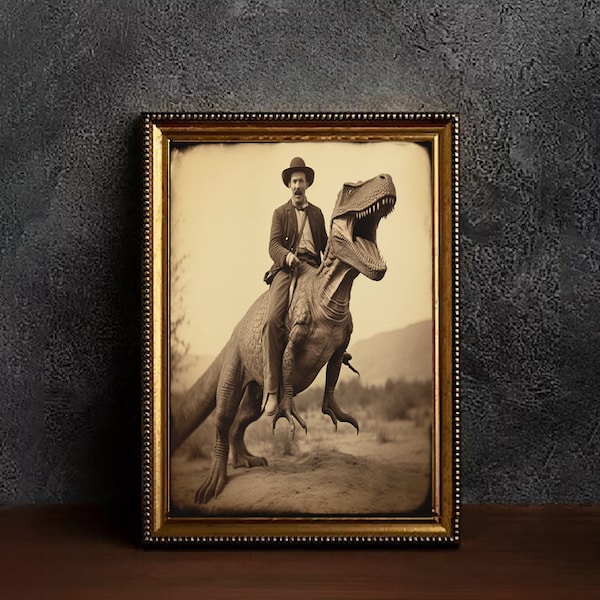 Man Riding A Dinosaur In The Old West Sepia Photo