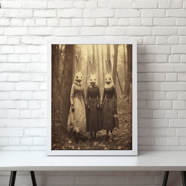 Three Rabbits In The Woods Gothic Vintage Print