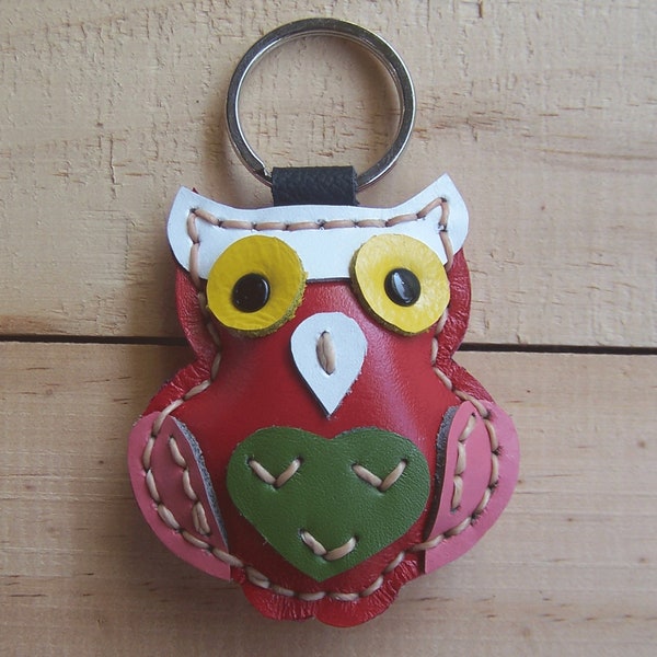 Porte-clés en cuir animal hibou/Cuir véritable/Porte-clés/Embellissement de sac à main/Fait main