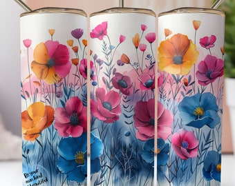 Spring Wildflowers Rainbow Vibrant Colours, 20 oz Skinny Tumbler Wrap For Sublimation, Flower Tumbler Sublimation, Floral Design Gift