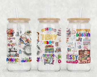 キルティングセラピーのガラス缶ラップ：縫製の情熱の昇華（PNGデジタルダウンロード）