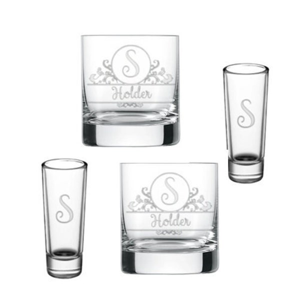 Engraved Rocks & Shot Glass Set - Initial and Name with Design - Liquor Custom Set, Personalized Barware, Whiskey / Bourbon Shot Glass Set