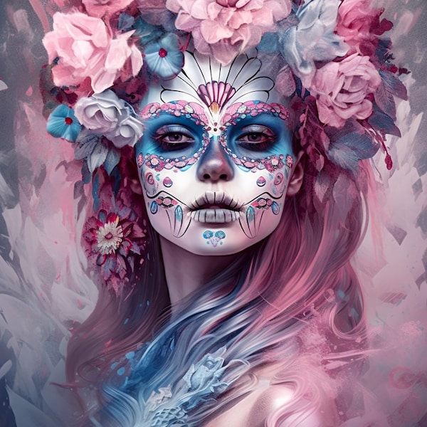 Mexican Halloween, Day of The Dead Woman portrait with Day Of The Dead, dark gothic wall art of Day of The Dead, horror wall art
