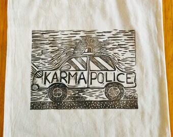 Handprinted Totebag 'KARMA POLICE' Linocut Print