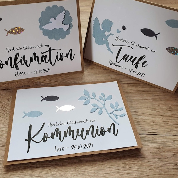 Karte Taufe Konfirmation Kommunion Firmung Mädchen Junge, unisex, Geschenk, Glückwunschkarte, Engel, Fisch, Taube, blau